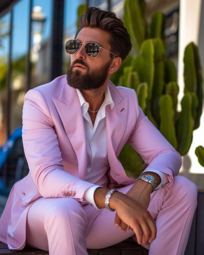 Pink Peak Lapel Suit with Sunglasses